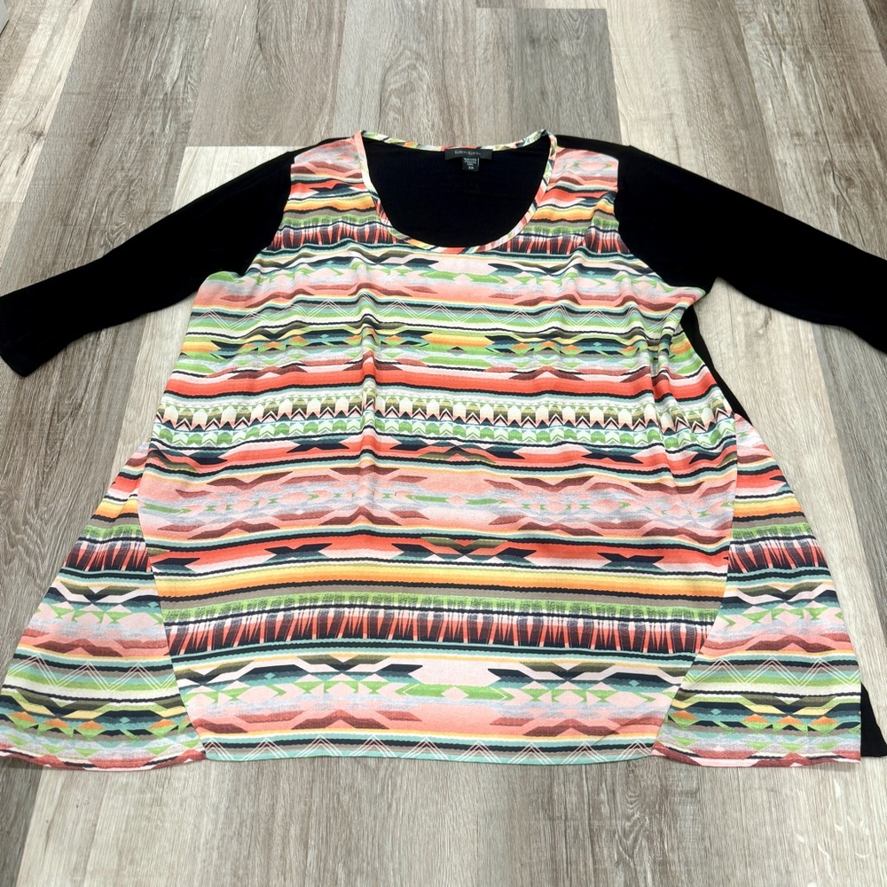 Karen Kane Shirt Womens 2X Black Knit Aztec Tribal Colorful High Low Lagenlook